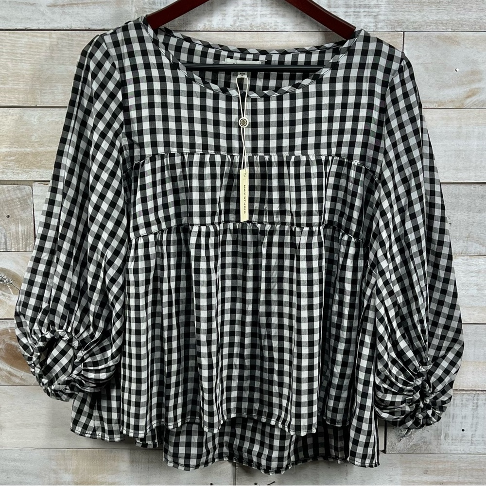 Max Studio Top Womens Small Black White Gingham Babydoll Milkmaid Ruffle NWT New